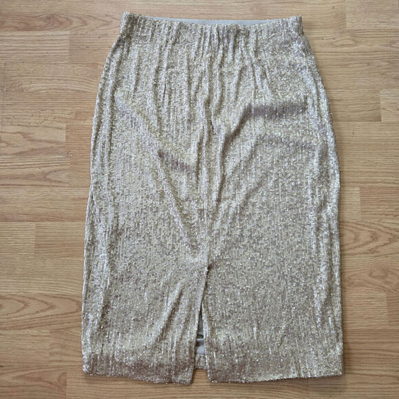 DR2 Women's Champagne Sequin Midi Skirt Medium Glam High Waist Stretch Pencil - Picture 5 of 11